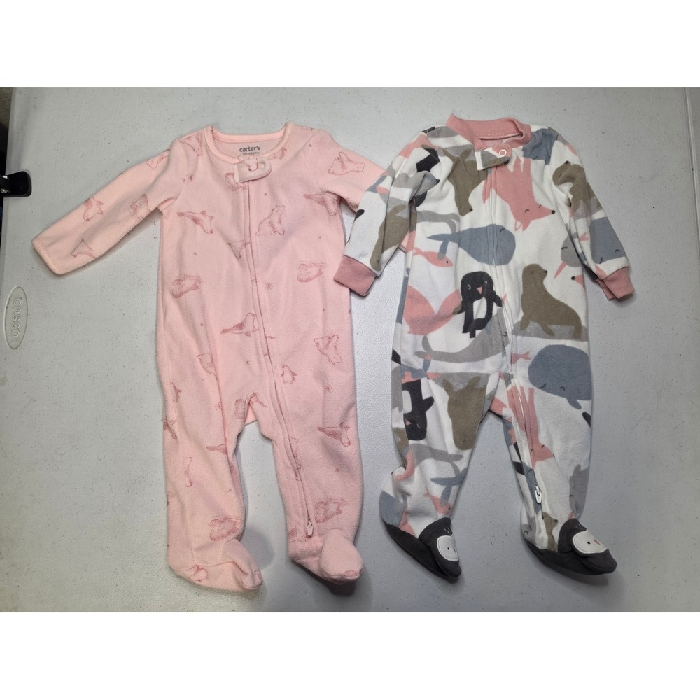 Carters Baby Girl 6M Fleece Footed Sleepers Arctic Animal Print Pink 2 Pack